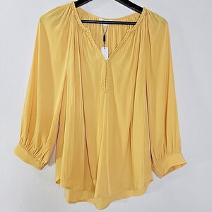 Chico’s Size 2 NWT Yellow Gold Flowy Top Braided Neckline Soft Blouse Retail $89